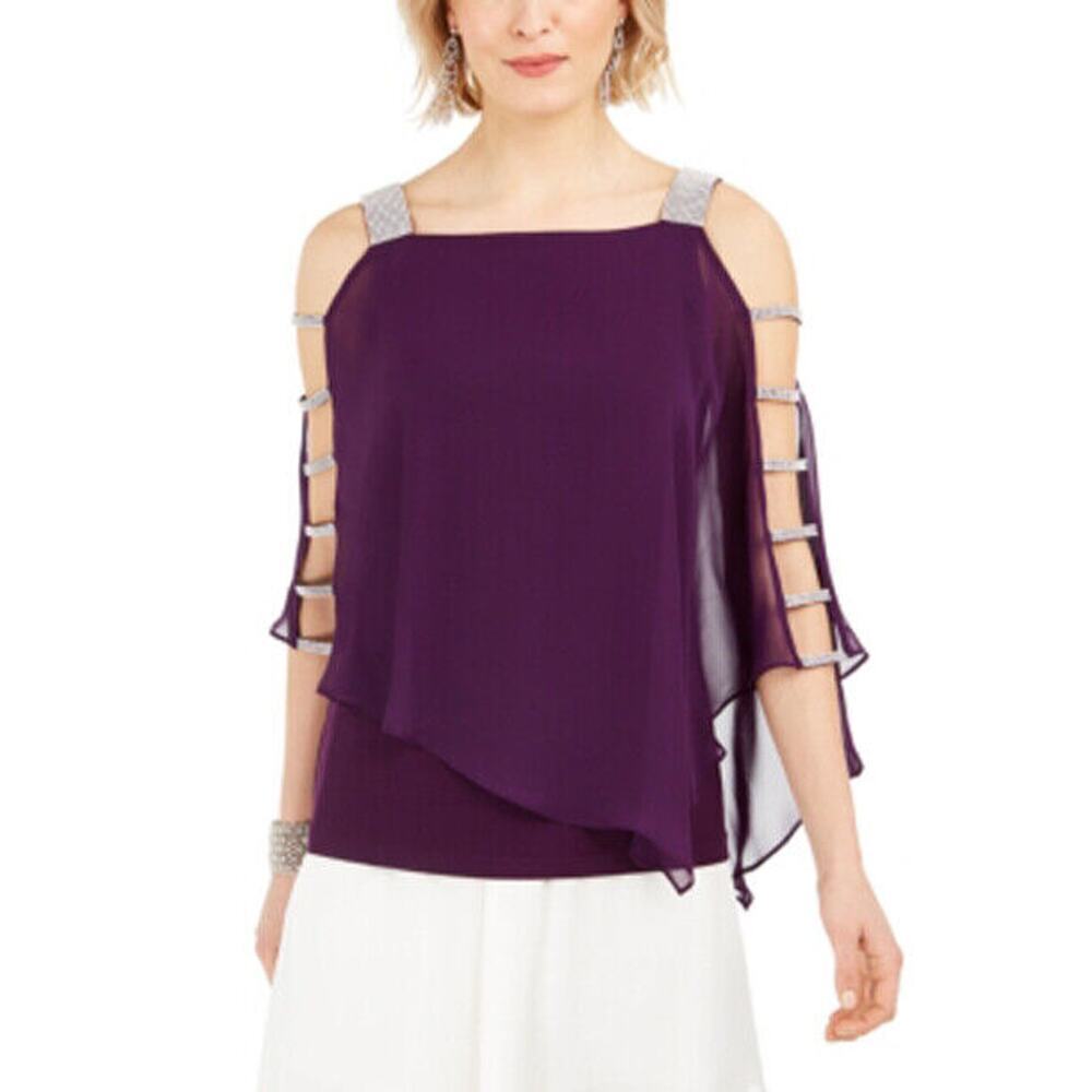 JR11 MSK Luxe Plum Rhinestone Embellished Cold-Shoulder Top - Size L